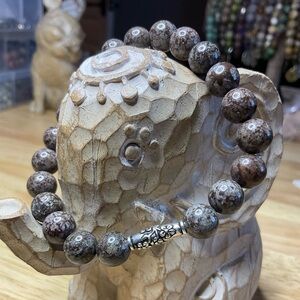 Coffee Brown Snowflake Jasper 8mm Beaded Bracelet with Flower Scroll Bead